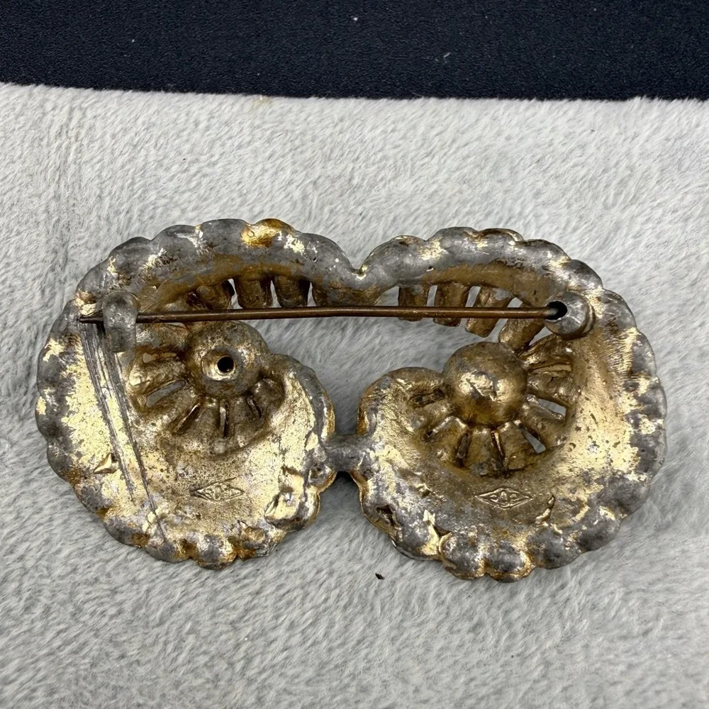 Vintage Pot Metal Brooch Owl Eyes‎ Gold Tone Rhinestone READ